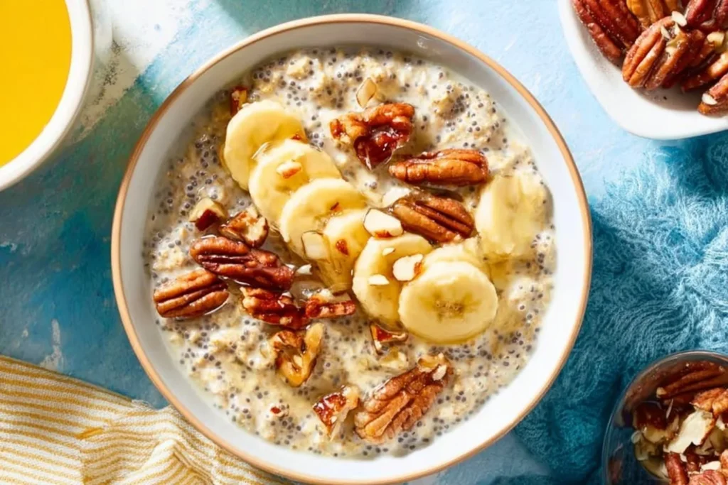 Nutritious breakfast oats topped with chia seeds in a bowl