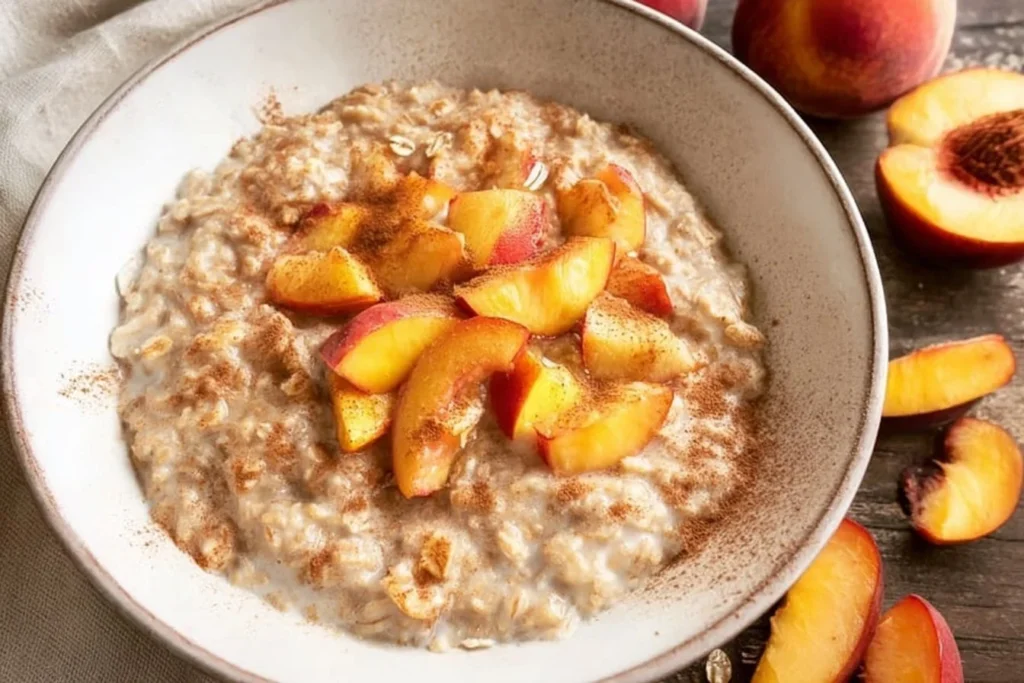 Bowl of Peaches & Cream Oatmeal topped with fresh peaches and cream