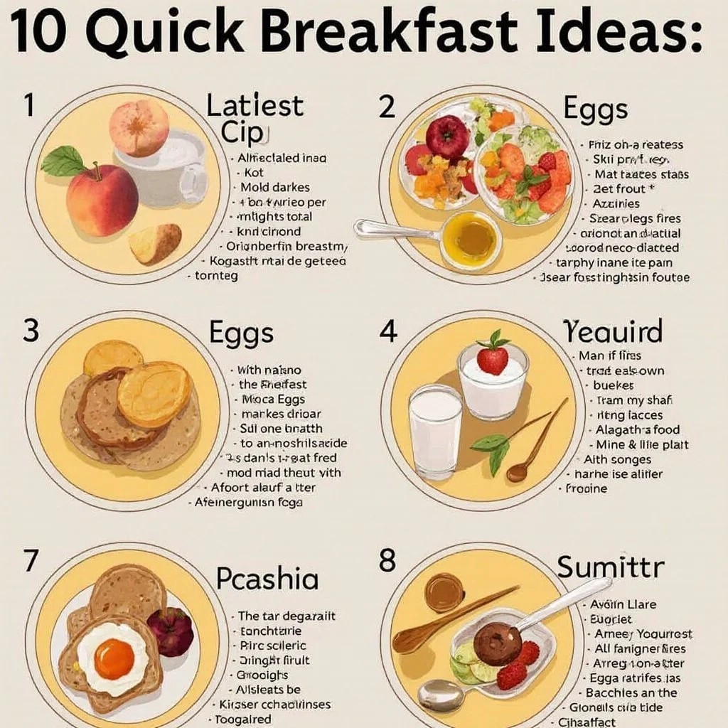 Quick Breakfast Ideas 4 A variety of quick breakfast ideas including smoothies, oatmeal, and toast.