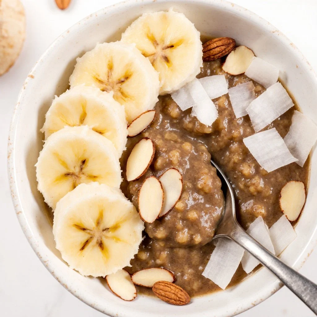 Colorful quinoa power breakfast bowl topped with fruits and nuts