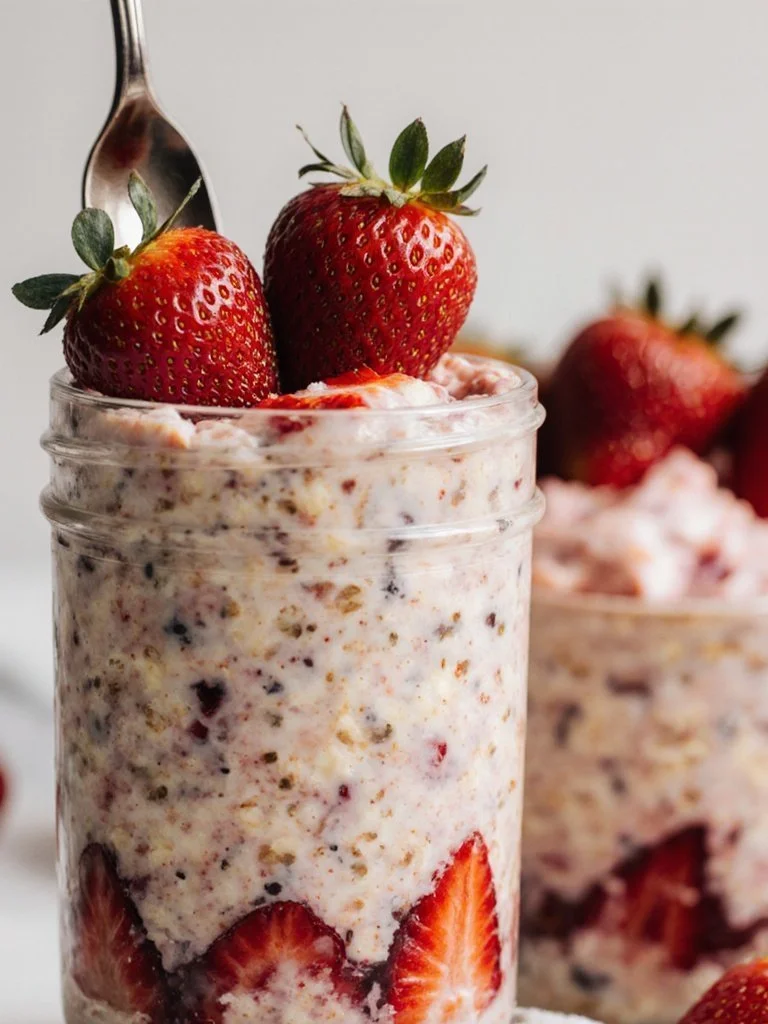 Bowl of strawberry cheesecake overnight oats topped with fresh strawberries.