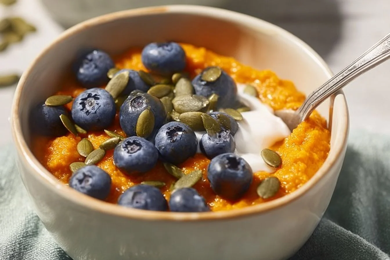 Sweet Potato Breakfast Bowl 4 Delicious sweet potato breakfast bowl topped with fresh fruits and nuts.