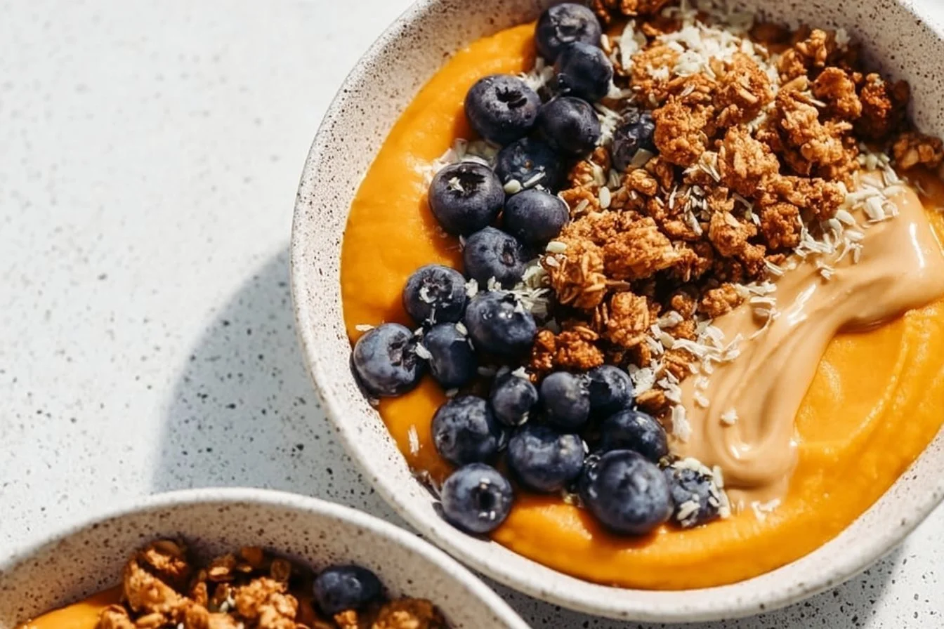 Delicious sweet potato breakfast bowls topped with fresh ingredients