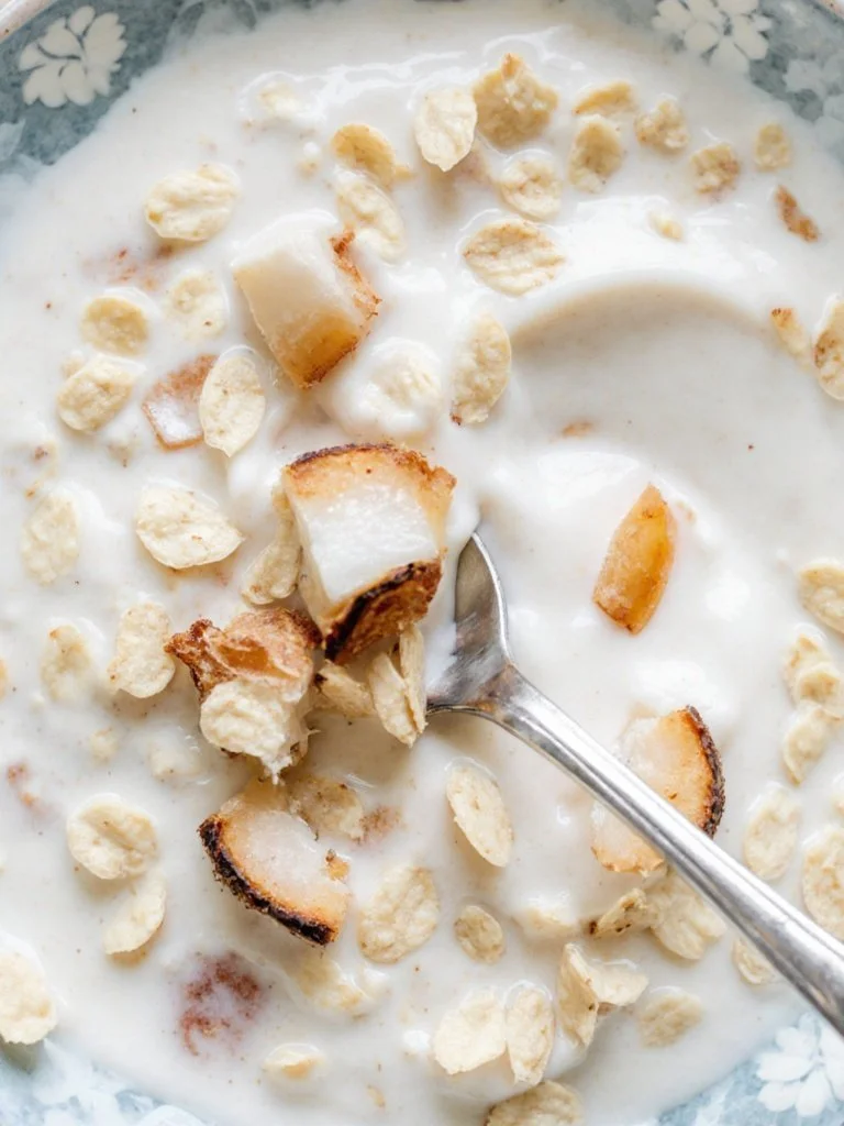 Bowl of tasty coconut cream oats topped with fruits and nuts