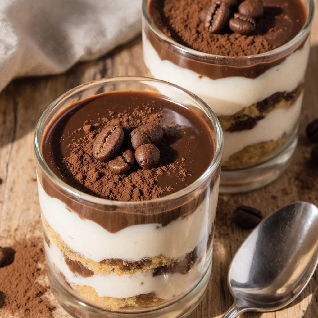 Tiramisu chia pudding with Greek yogurt served in a glass bowl
