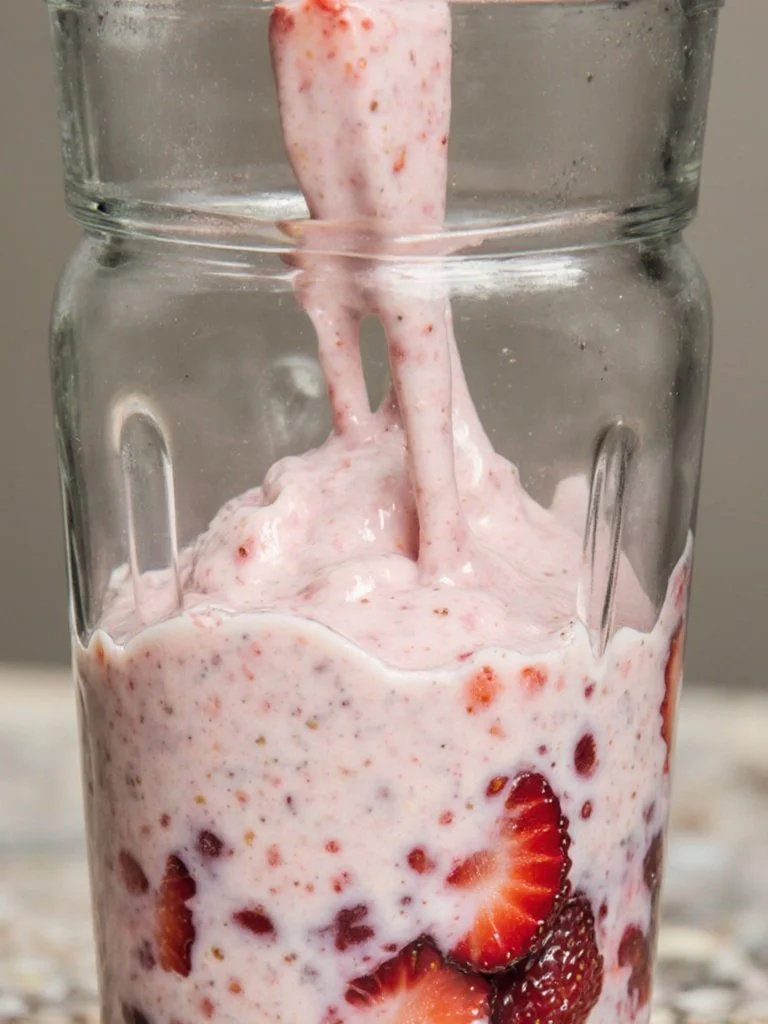 Viral Blended Strawberry Oatmeal 4 Viral blended strawberry oatmeal in a bowl topped with fresh strawberries.