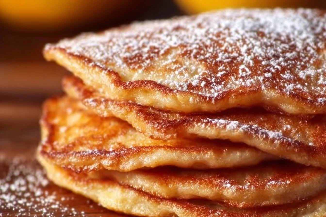 Fluffy apple yogurt pancakes stacked on a plate with syrup