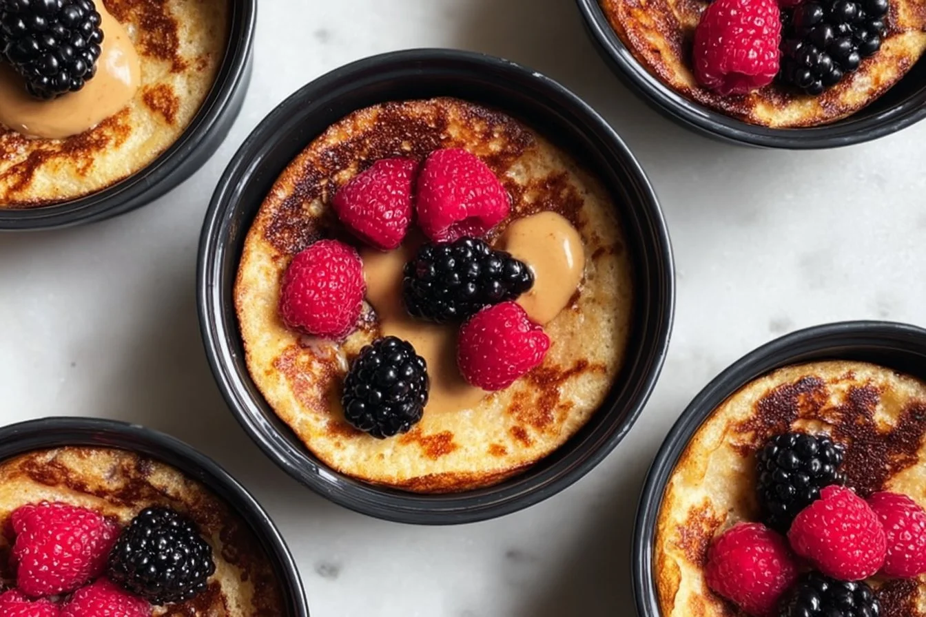 Baked protein pancake bowls topped with fresh fruits and nuts