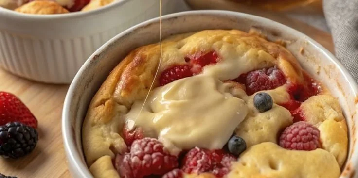 Baked protein pancake bowls topped with fresh fruits and syrup