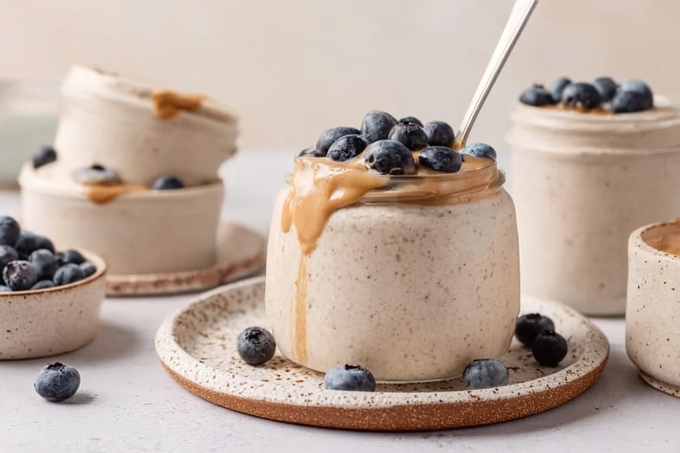 Delicious blended overnight oats served in a bowl with fresh fruits and nuts.