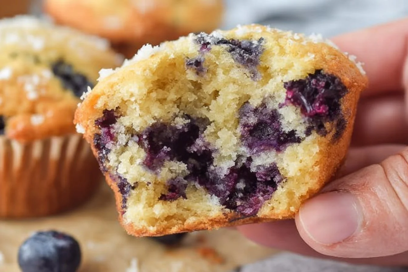 Freshly baked blueberry cottage cheese muffins on a wooden board