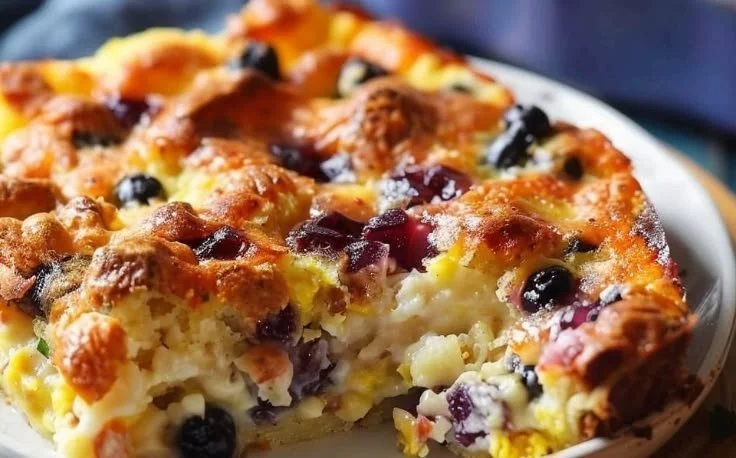 Blueberry protein breakfast bake topped with fresh blueberries and oats