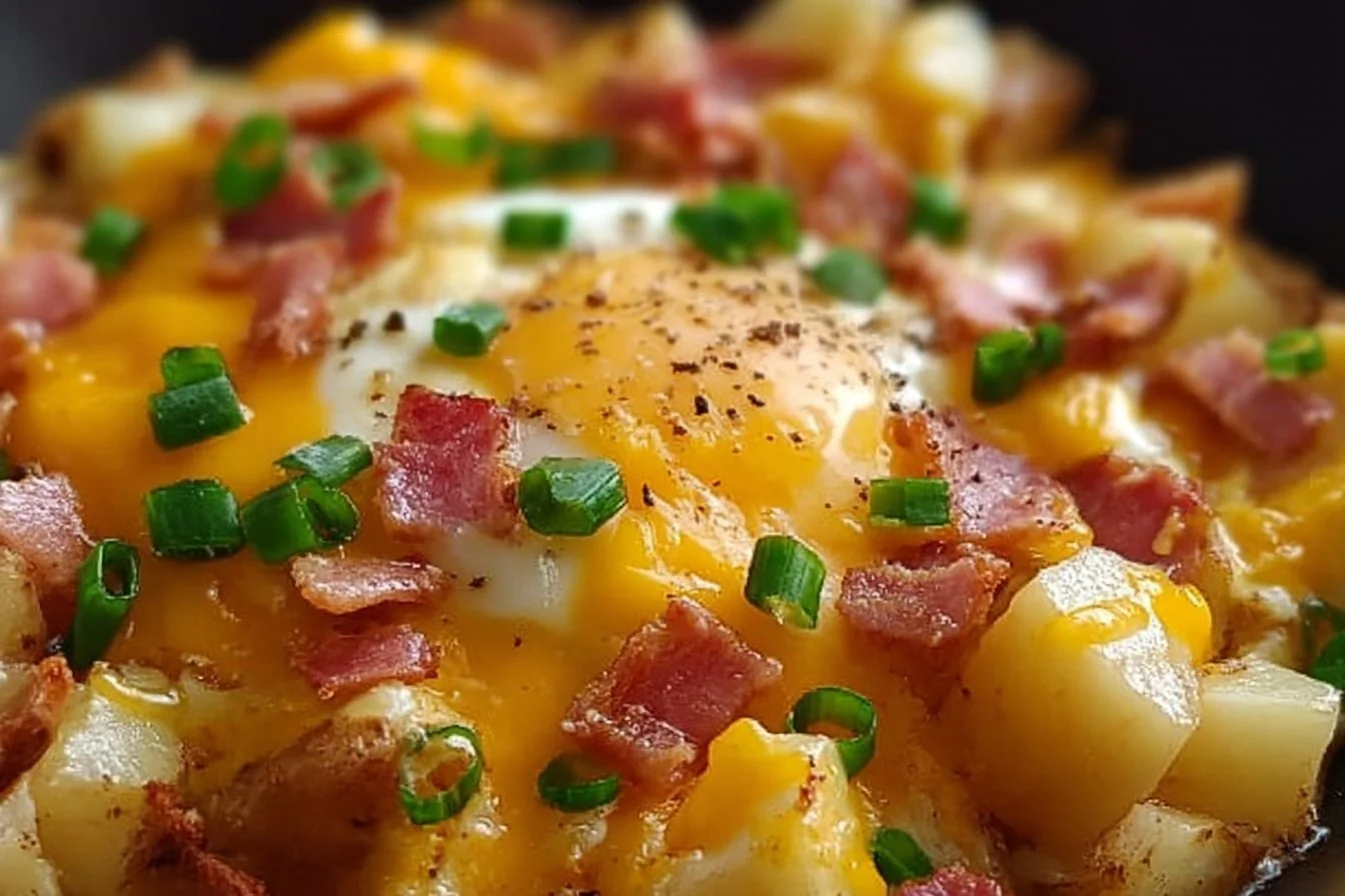 Cheesy potato egg scramble with herbs and melted cheese in a skillet
