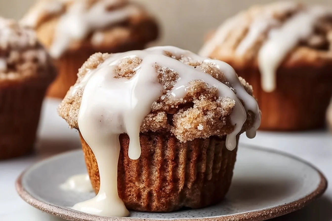 Cinnamon roll protein muffins on a wooden table, drizzled with icing