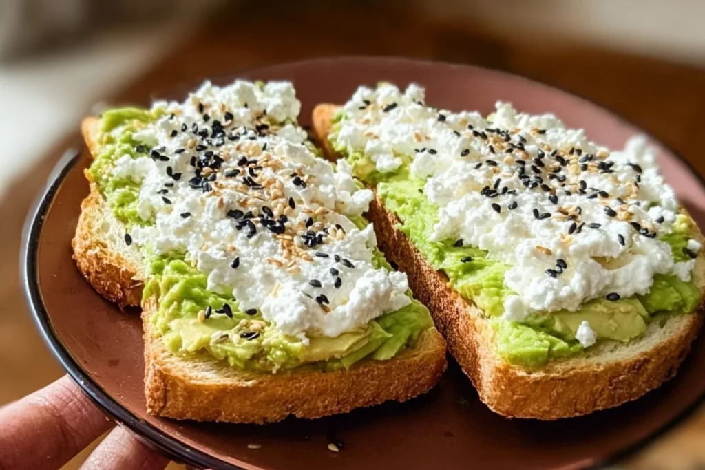 Cottage cheese avocado toast garnished with herbs on a wooden plate