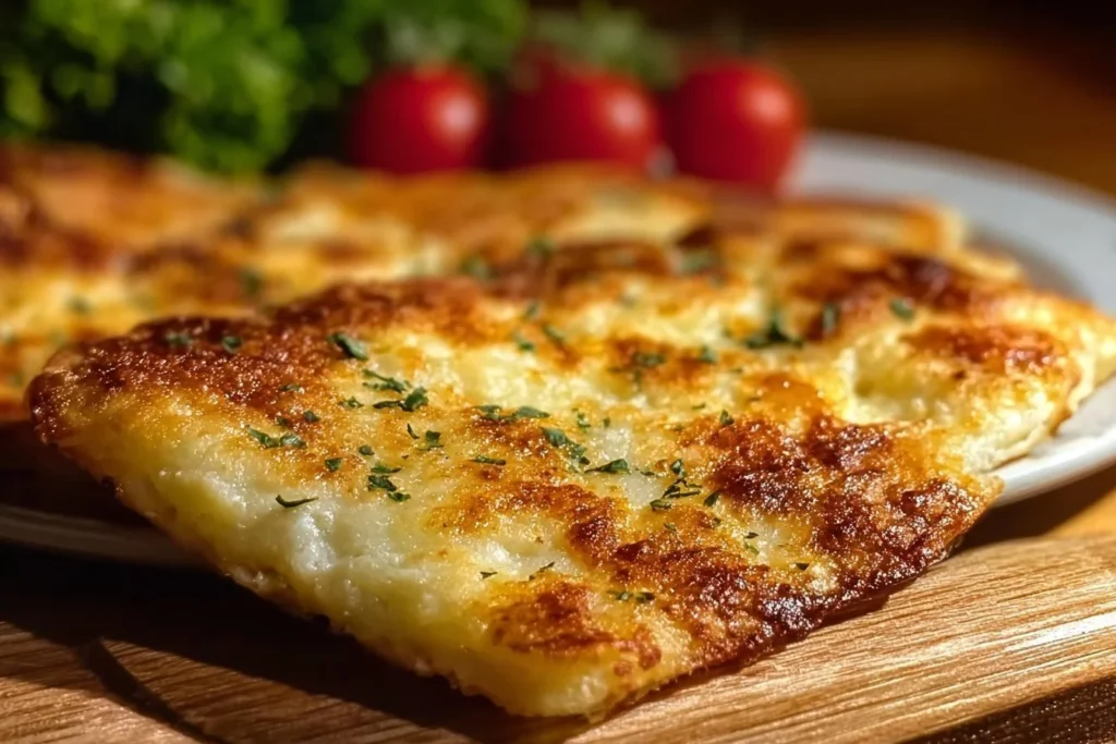 Homemade Cottage Cheese Flatbread garnished with herbs on a wooden board