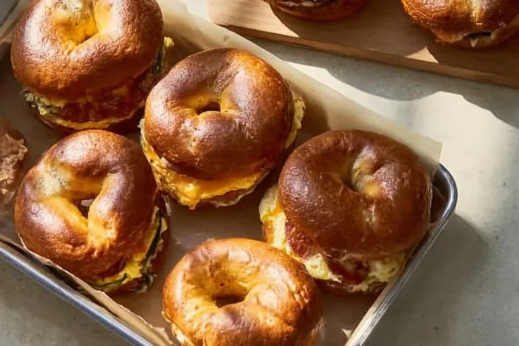 Cottage cheese frittata served with cheddar bagel sandwiches on a plate
