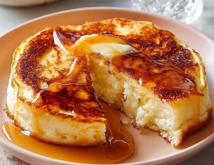 Plate of fluffy cottage cheese pancakes topped with fresh fruit and syrup