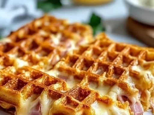 Delicious crispy ham and cheese chaffles served on a plate