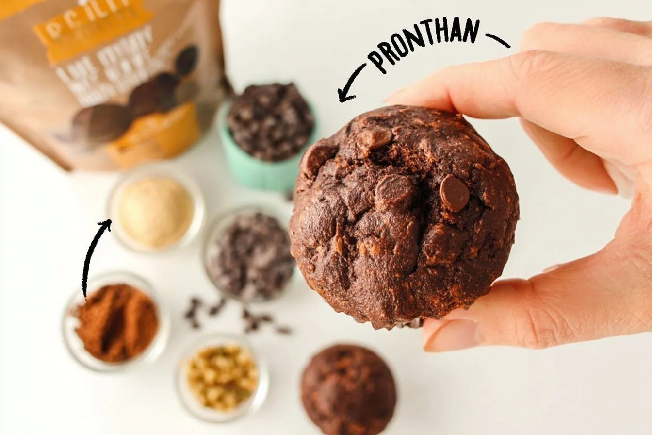 Delicious dark chocolate protein muffins fresh out of the oven