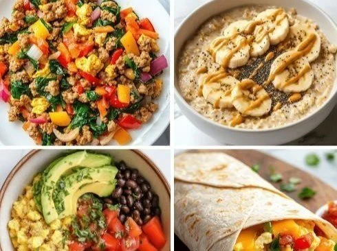 A plate of delicious high-protein breakfast options including eggs and Greek yogurt.