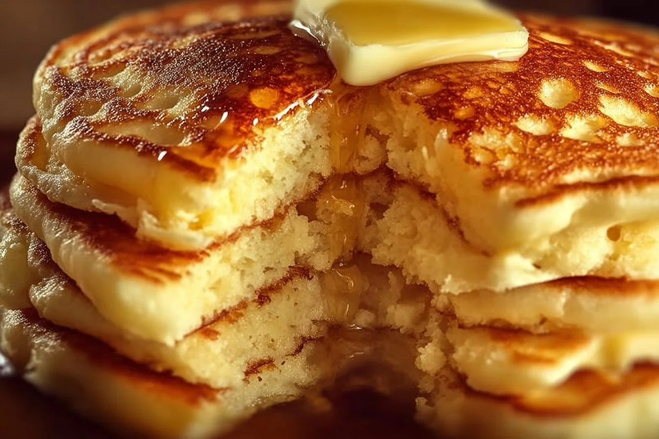 Flourless cottage cheese pancakes stack with fresh fruit