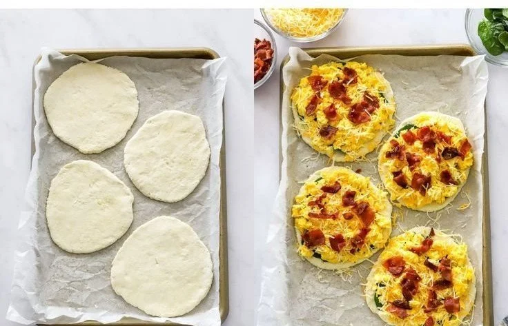 Healthy breakfast pizza topped with vegetables and eggs on a whole grain crust.