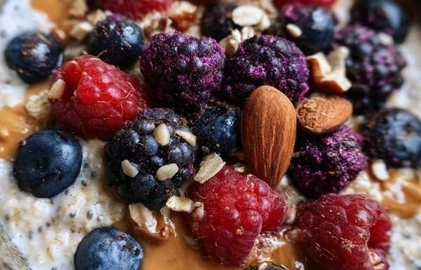 Delicious high protein breakfast options on a plate with fruits and nuts.