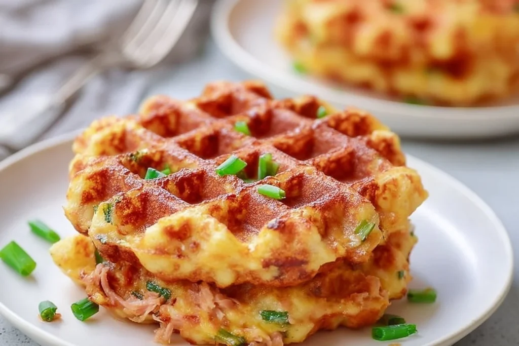 Healthy tuna melt chaffles prepared with delicious toppings