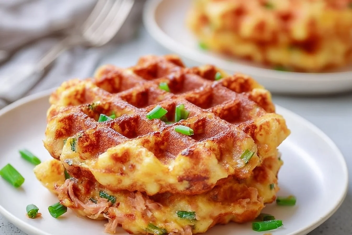 Healthy tuna melt chaffles prepared with delicious toppings