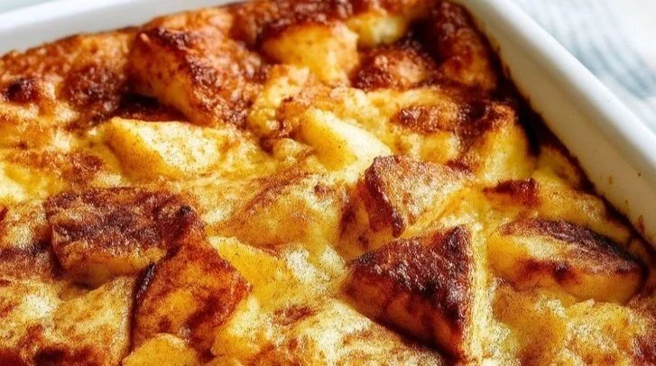 High-protein apple cinnamon cottage cheese bake in a baking dish