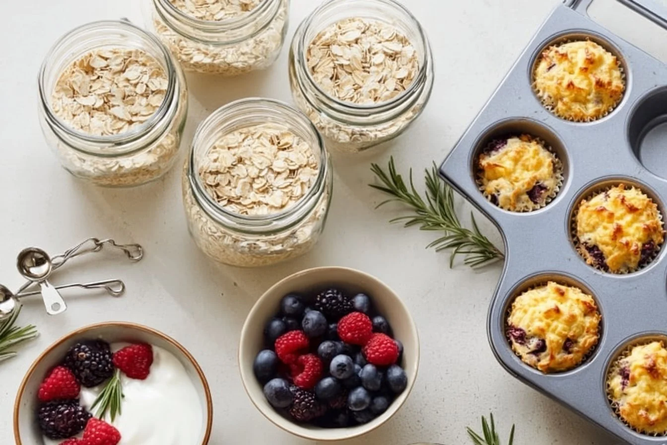 A colorful plate of high-protein breakfast options like eggs, yogurt, and nuts.