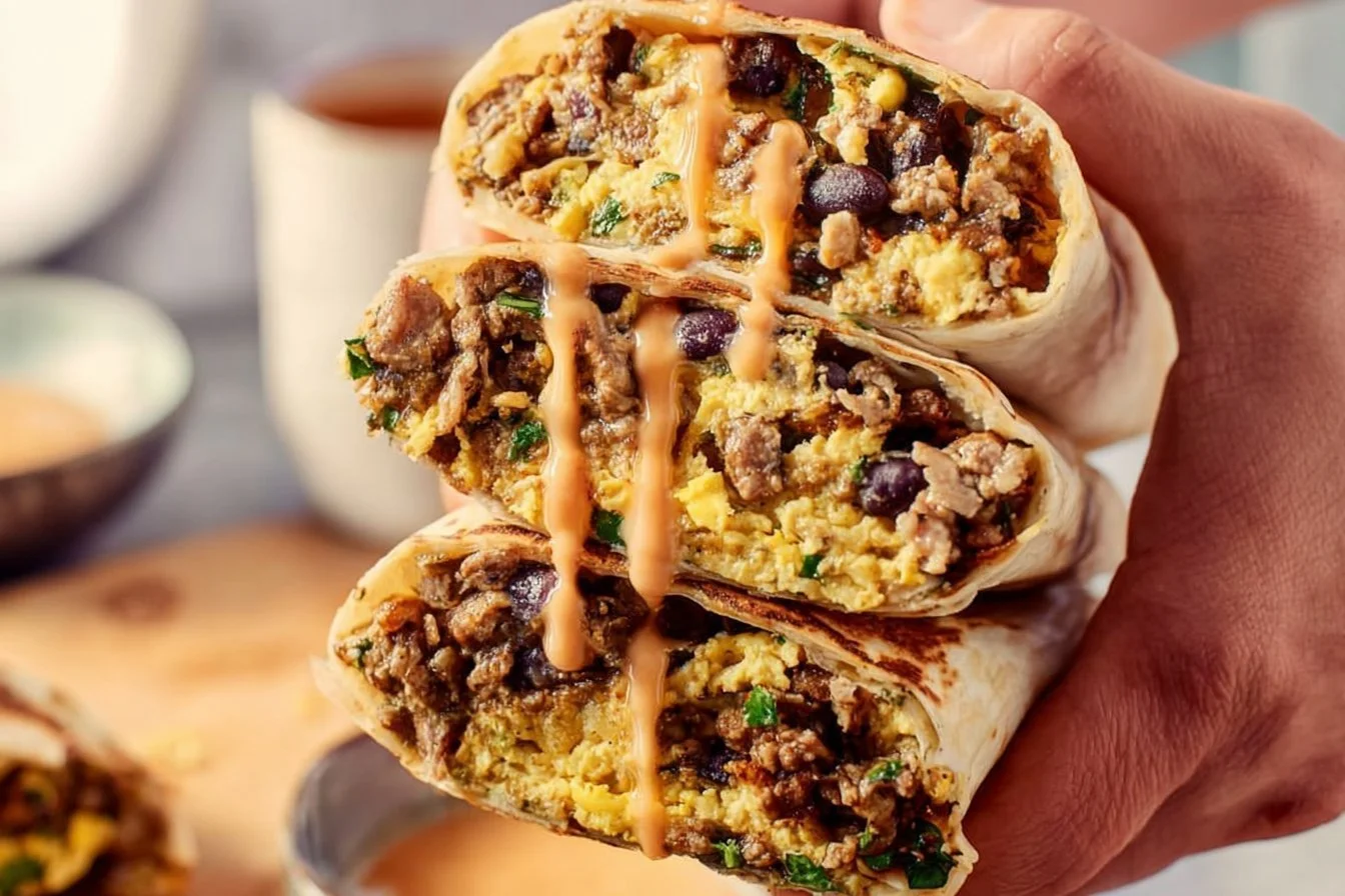 High-protein breakfast burrito filled with eggs, beans, and vegetables.