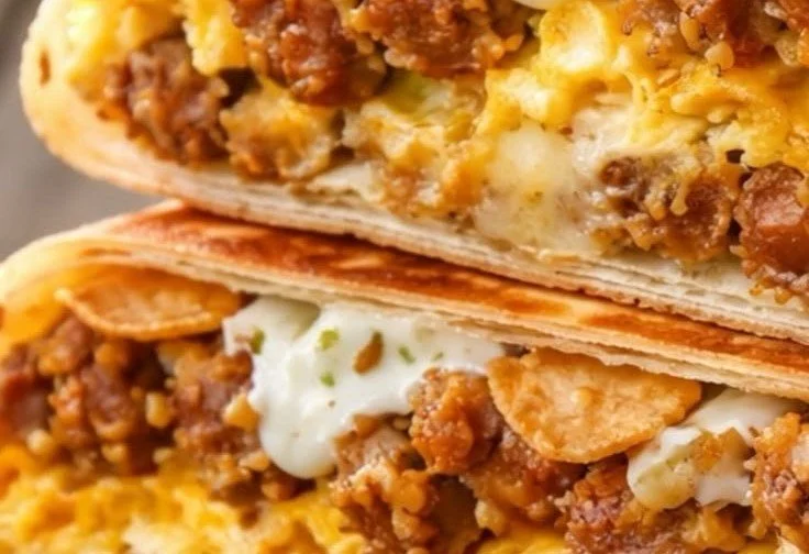 High-protein breakfast crunchwrap filled with eggs, cheese, and vegetables