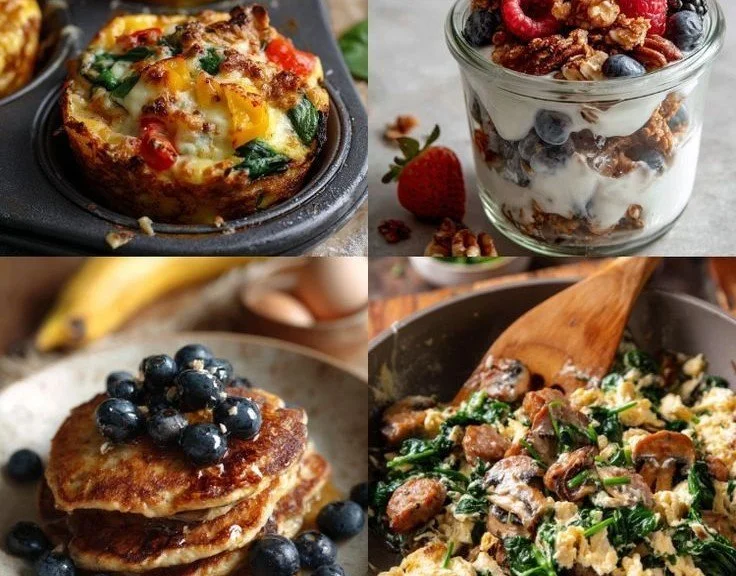 A plate of high-protein breakfast ideas including eggs, Greek yogurt, and nuts.