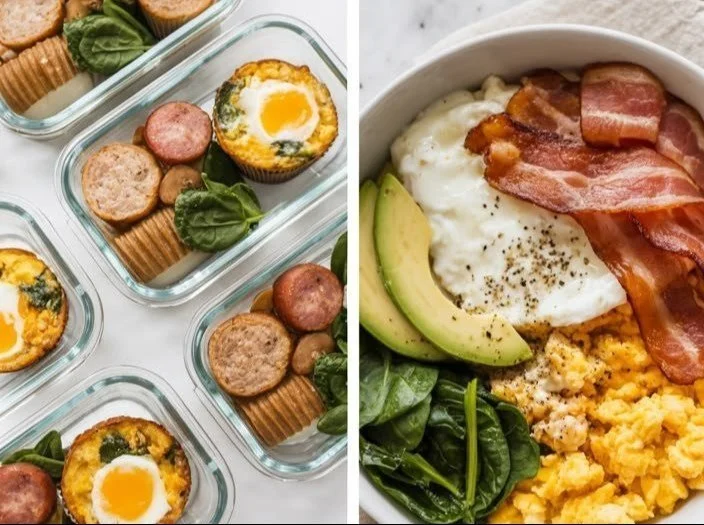 A variety of high-protein breakfast dishes including eggs, yogurt, and oats