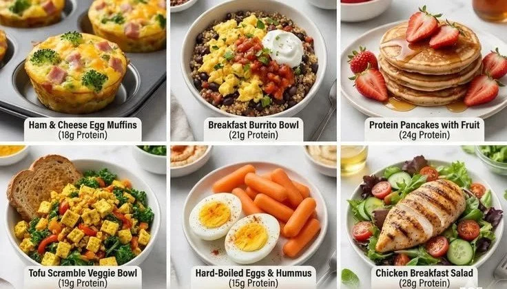 High-Protein Breakfast Ideas 4 A variety of high-protein breakfast dishes including eggs, yogurt, and smoothies.