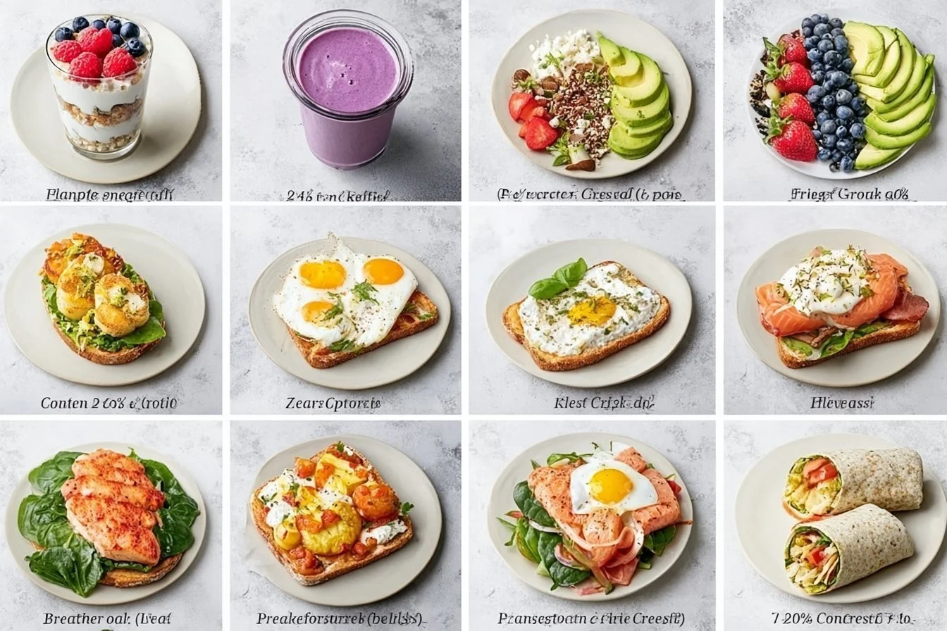 High-protein breakfast featuring eggs, Greek yogurt, spinach, and quinoa
