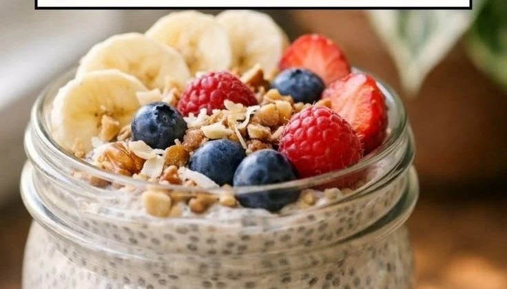 Delicious high protein chia seed pudding topped with fresh fruits and nuts