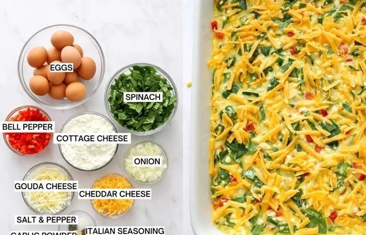 High-protein cottage cheese egg bake in a baking dish, fresh out of the oven.