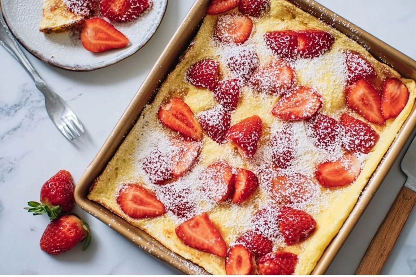 Fluffy high protein cottage cheese oven pancakes served with fresh fruit.