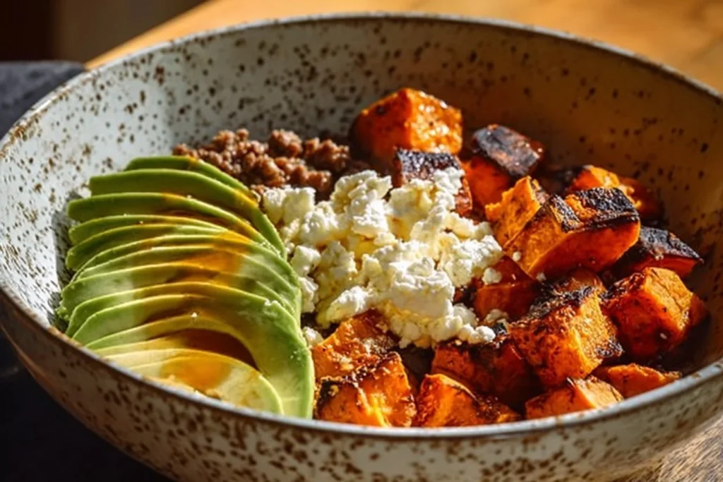 High Protein Hot Honey Beef Bowl with tender beef and spicy honey sauce