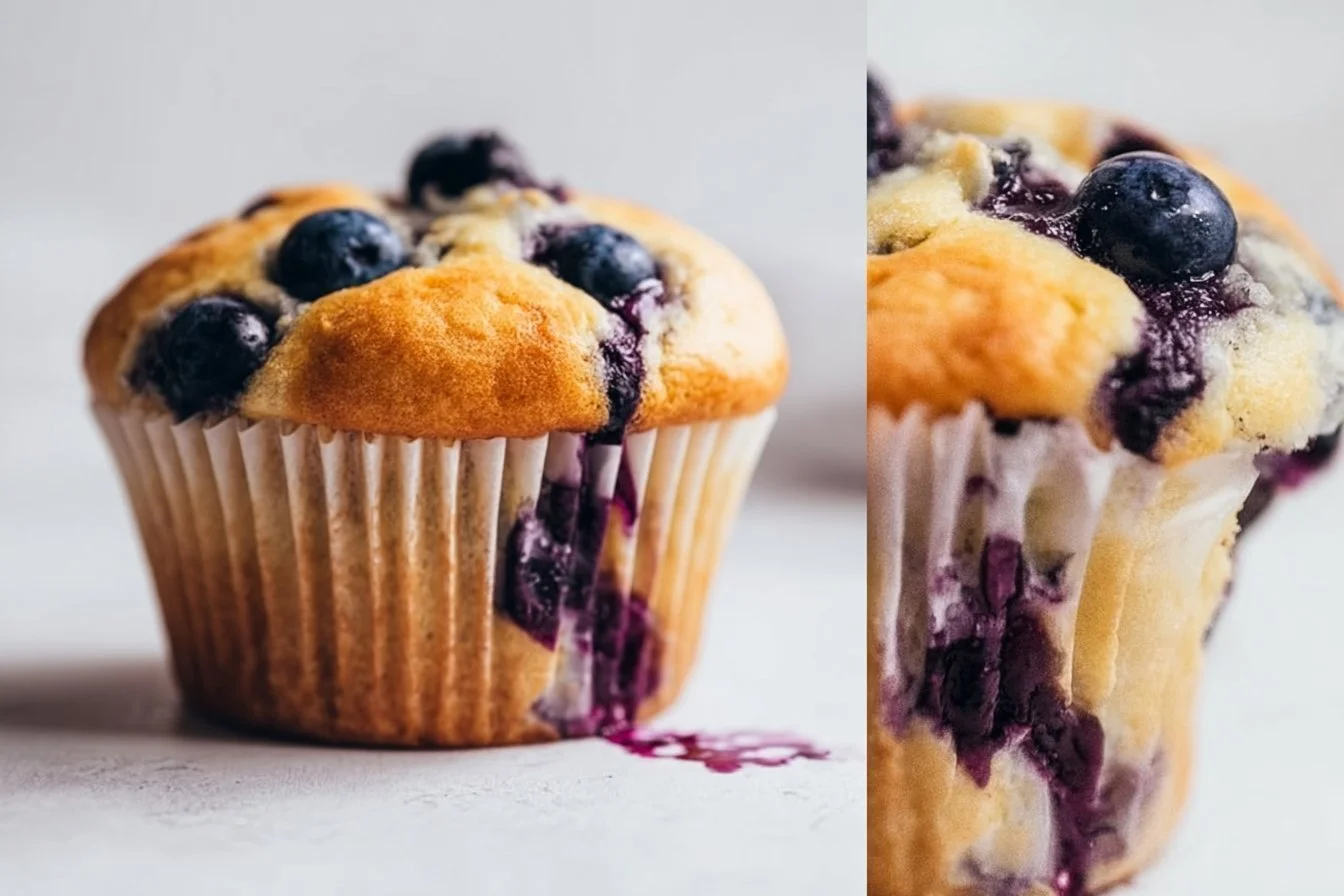 High-protein low-carb blueberry muffins on a wooden table