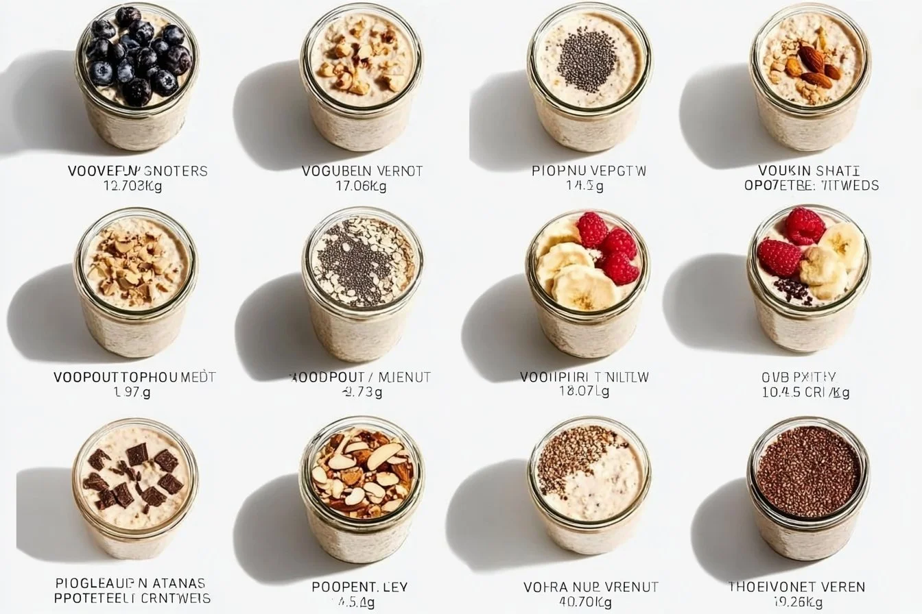 Bowl of high protein overnight oats topped with fruits and nuts