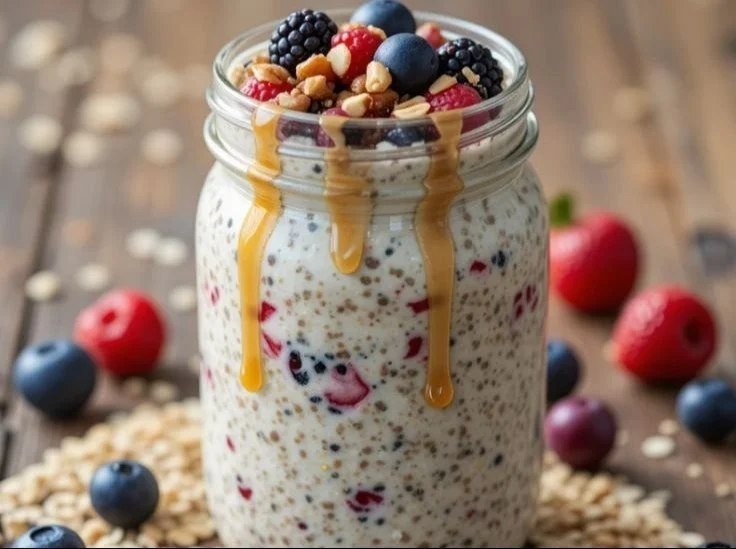 High protein overnight oats in a bowl topped with fruits and nuts