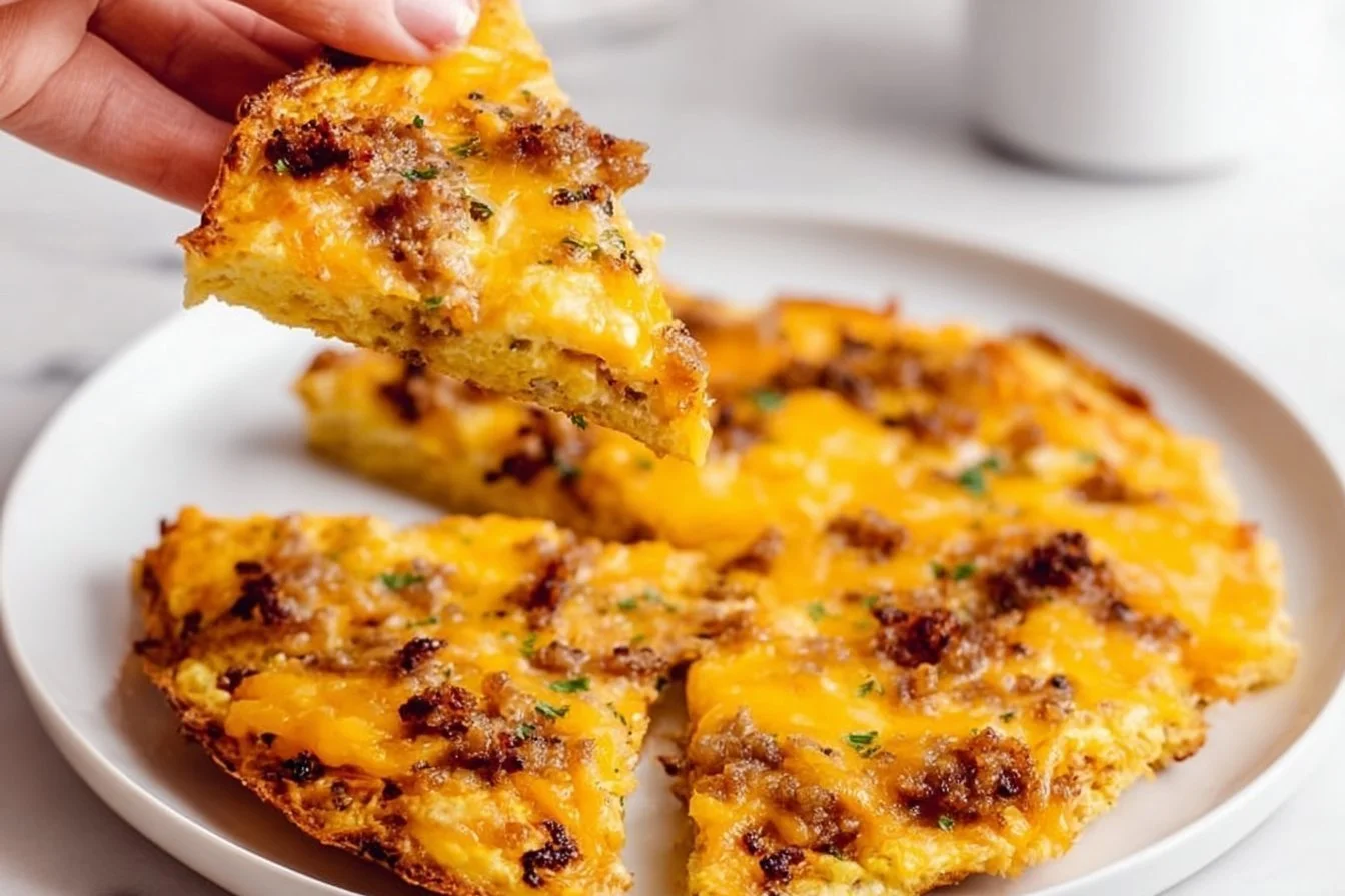 High-Protein Sausage & Egg Breakfast Pizza topped with eggs and sausage