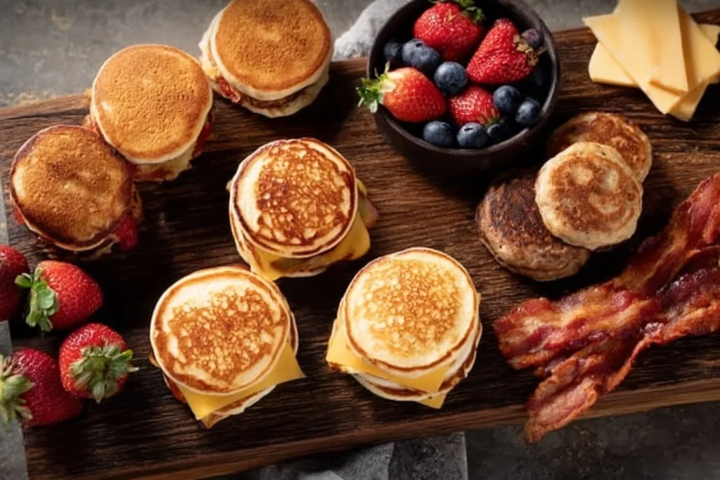 Homemade McGriddles stacked with syrup and sausage on a plate
