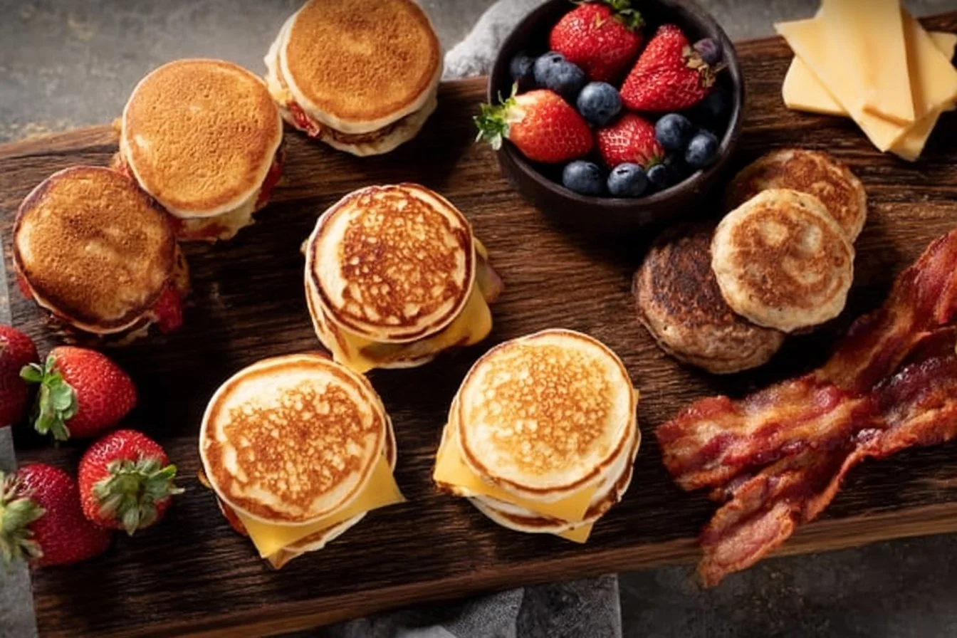 Homemade McGriddles stacked with syrup and sausage on a plate