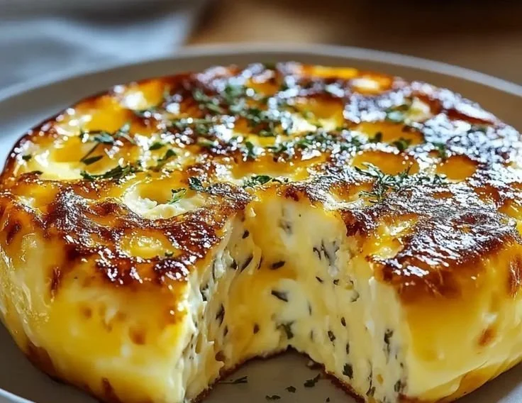 Baked cottage cheese eggs served in a dish, garnished with herbs