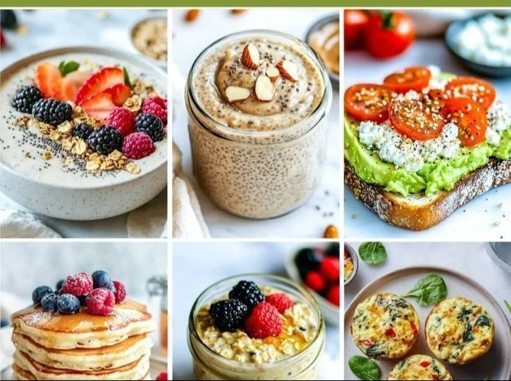 Plate of low-calorie, high-protein breakfasts including eggs, yogurt, and fruits.
